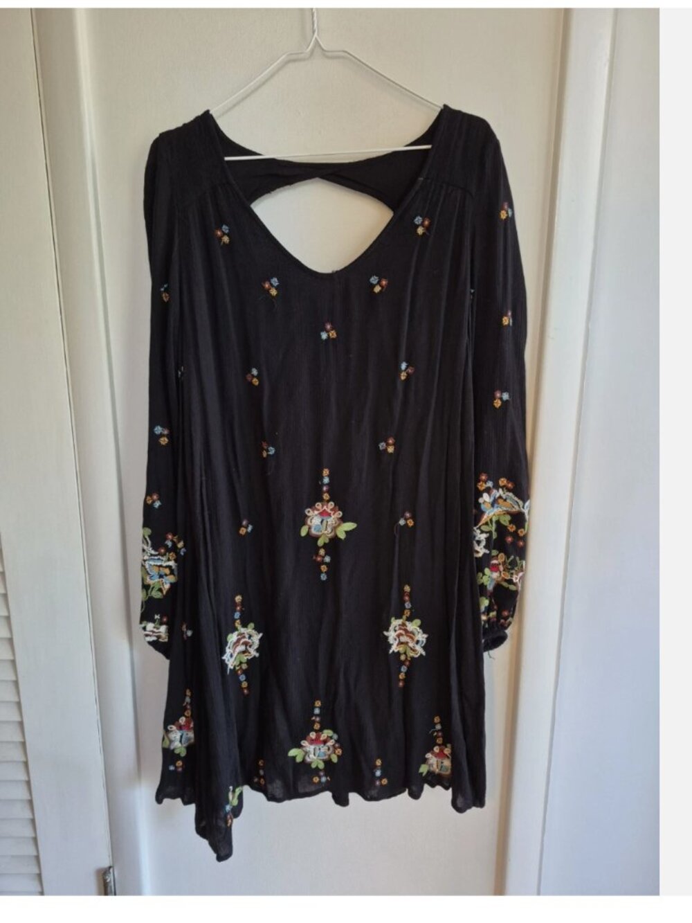 Free People Black Boho Embroidered Tunic Mini Dress Long Sleeve Size M